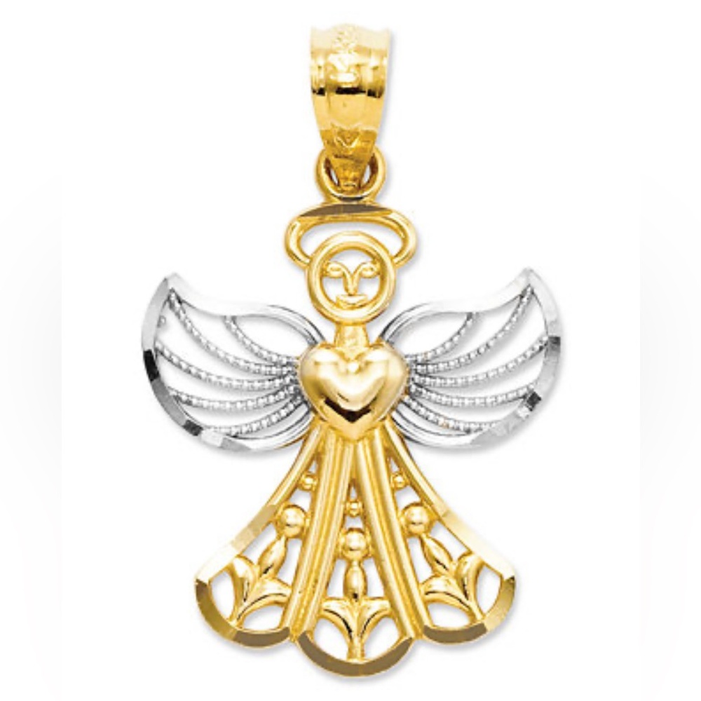 14k Yellow Gold Filigree Angel Pendant & 14k Chain Necklace 16” Heart Halo
